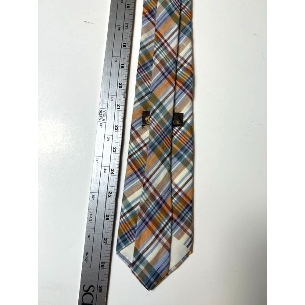 Vintage Guy Laroche Men's Brown Orange Blue Cotton Madras Plaid Tie - Picture 6 of 7